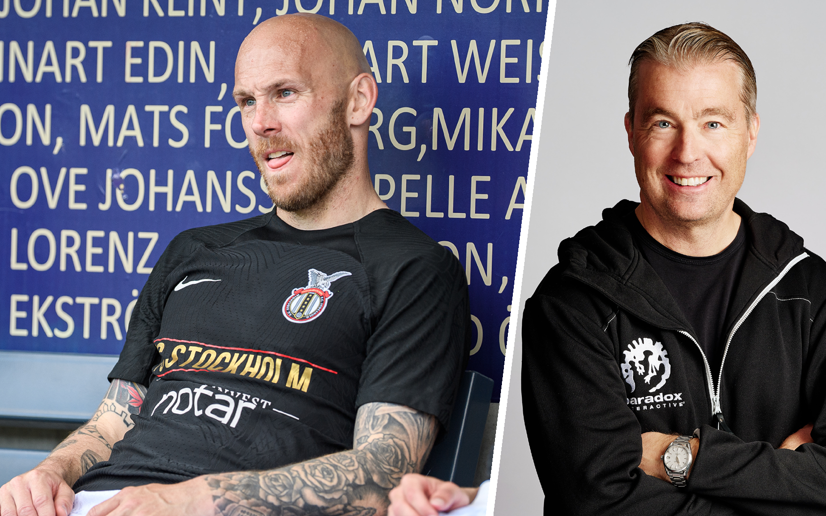 Magnus Eriksson, spelare i FC Stockholm och Fredrik Wester, grundare Paradox interactive. FOTO: Aron Broman, Bildbyrån / Paradox Interactive.